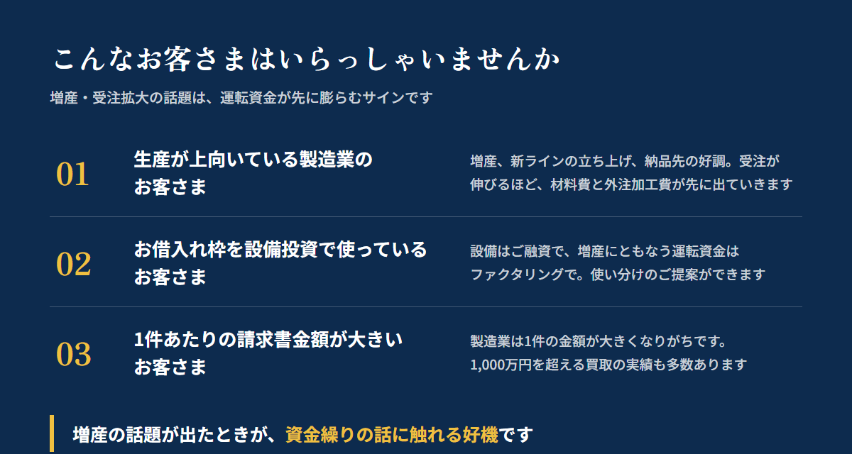 製造業でファクタリングをご提案いただける3つの類型：生産が上向いている先、お借入れ枠を設備投資で使っている先、1件あたりの請求書金額が大きい先