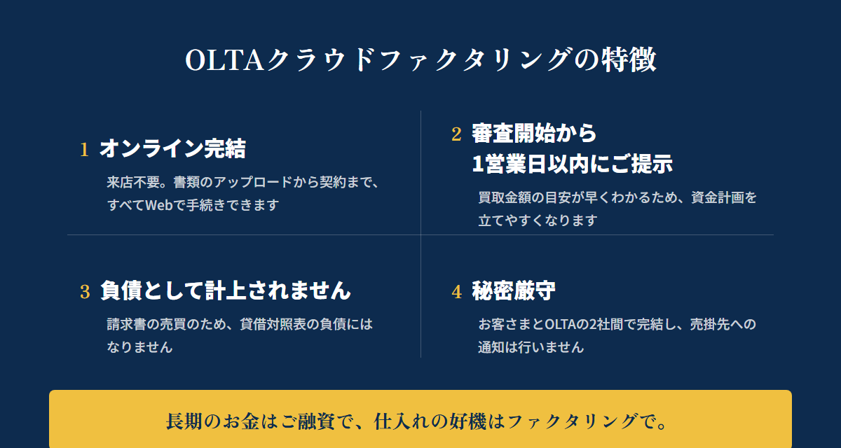 OLTAクラウドファクタリングの特徴：オンライン完結、審査開始から1営業日以内にご提示、負債として計上されない、秘密厳守
