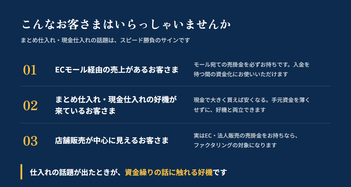 小売業でファクタリングをご提案いただける3つの類型：ECモール経由の売上がある先、まとめ仕入れの好機が来ている先、店舗販売が中心に見える先